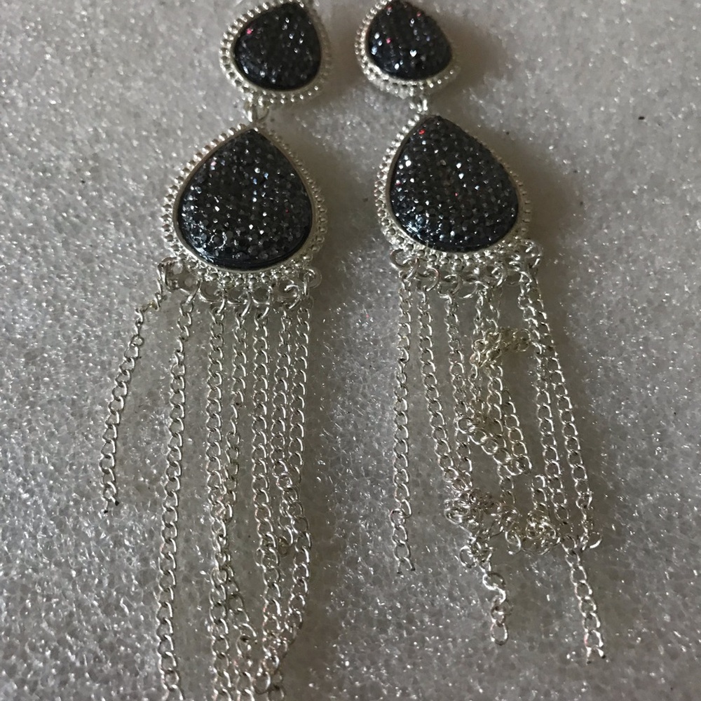 Silver-Tone Black Teardrop Dangle Earrings with Chain Fringe